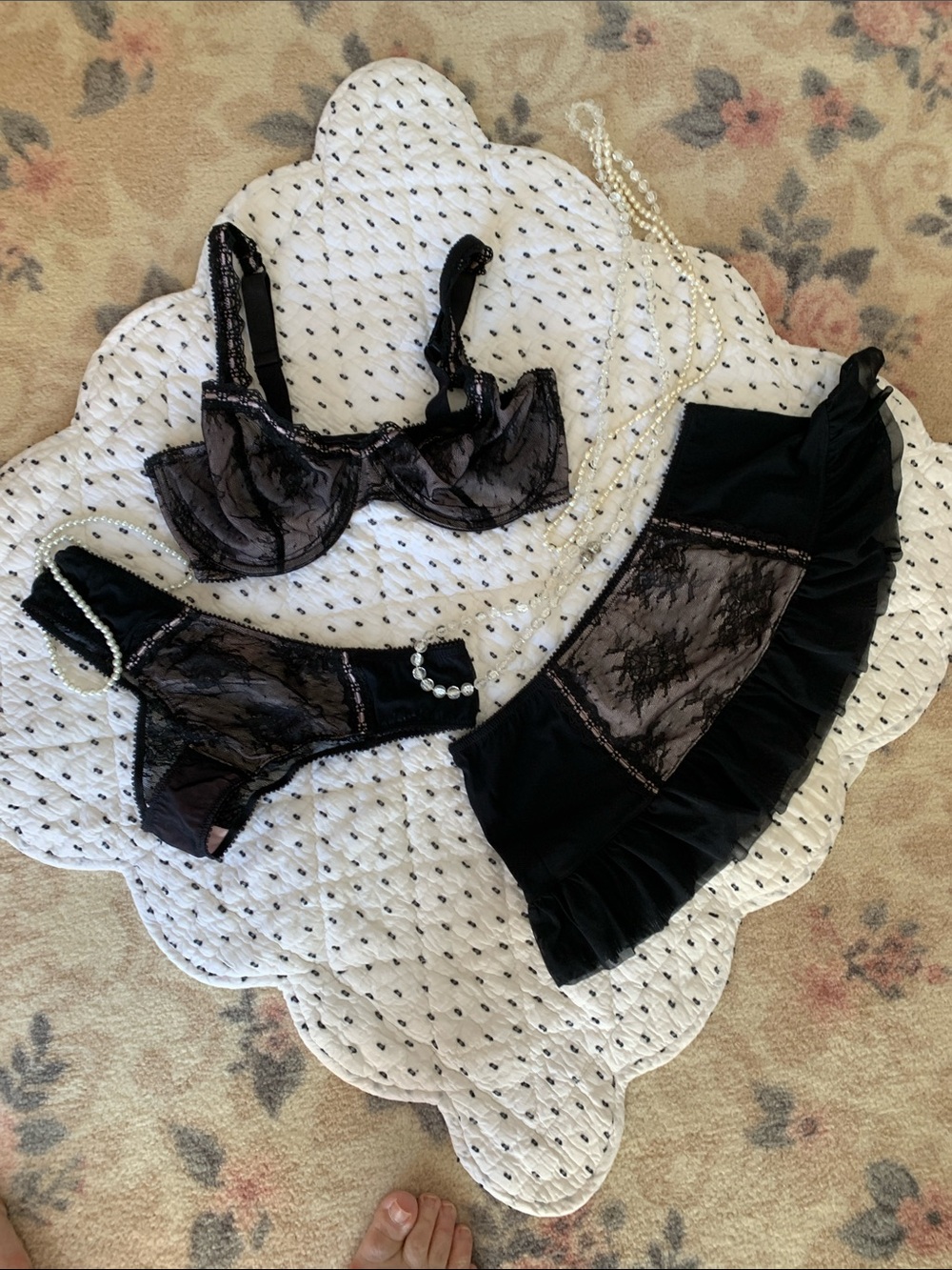 Black Lace Bra & Panty Set with Ruffle Skirt - Women Intimates